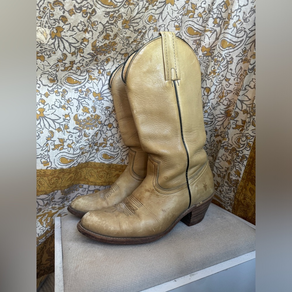 Yellow Frye Boots | 70s cream and tan cowboy boots